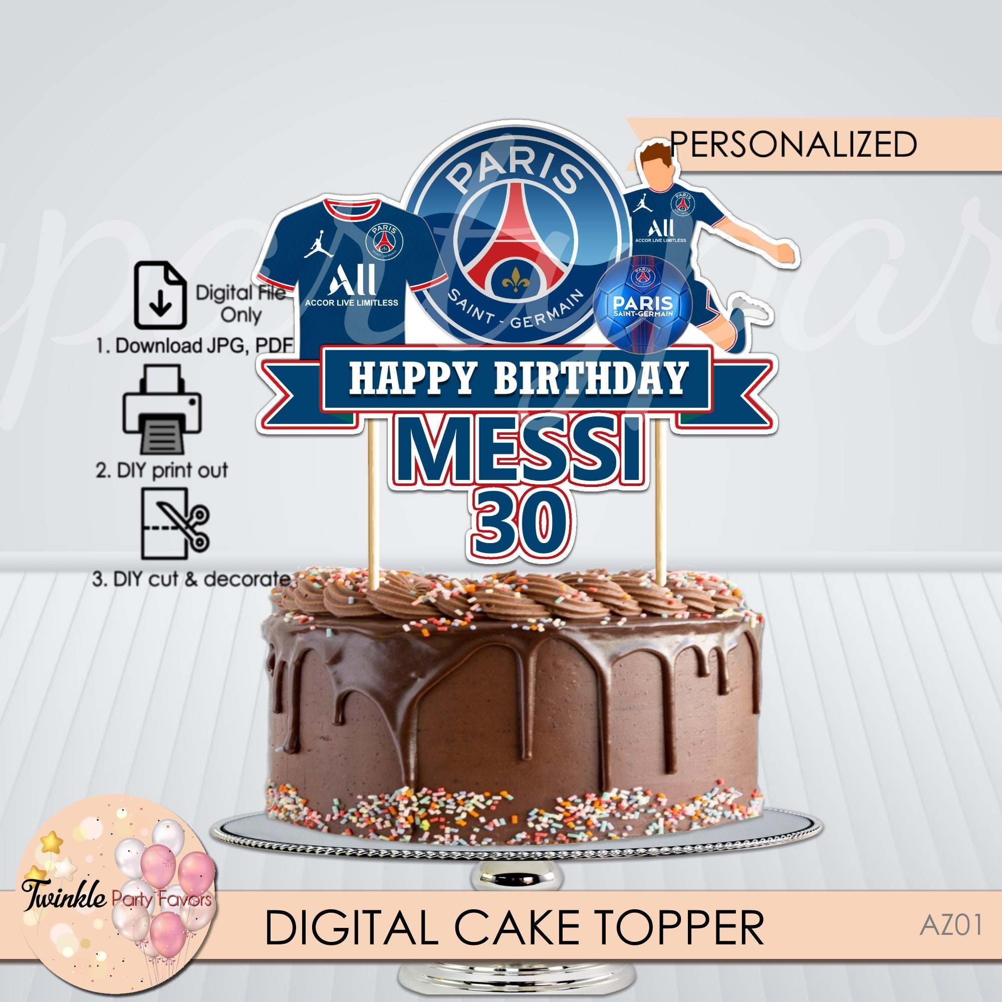 Gâteau de football PSG personnalisé Top du Paris Saint-Germain Topper de  gâteau Lionel Messi personnalisé Décoration de fête d'anniversaire -   France