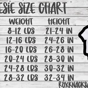May include: Onesies size chart with weight and height measurements in pounds and inches. The chart shows sizes from 3 months to 24 months.