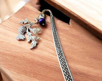 Silbernes keltisches Buchzeichen für Lesezeichen mit schottischer Distel und Amethyst Kristall