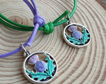 Wax cord adjustable bracelet with coloured thistle charm