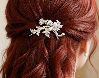 Silvery thistle hairpin featuring freshwater pearls and austrian crystals