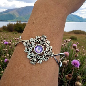 Jewelled thistle cuff bangle. Adjustable