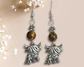 Highland Cow Tiger Eye Dangle Earrings: Sterling Silver Hooks