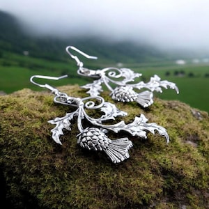 Silver plated thistle drop earrings on sterling silver ear hooks