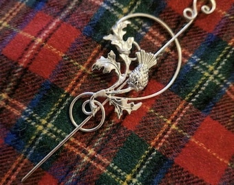 Silver plated wire-wrapped scottish thistle shawl pin
