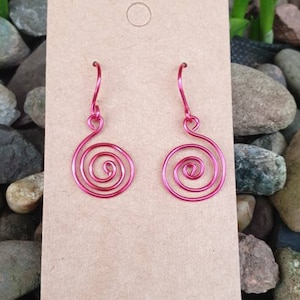 Cerise pink wire open spiral earrings hypoallergenic