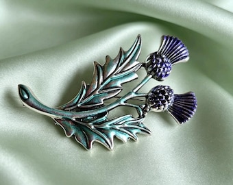 Purple and green hand painted  thistle brooch