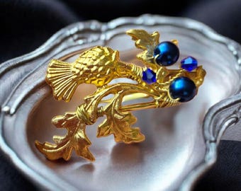 Gold Thistle Brooch, Deep Blue Pearls & Crystals