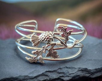 Silver Scottish thistle cuff style adjustable bangle