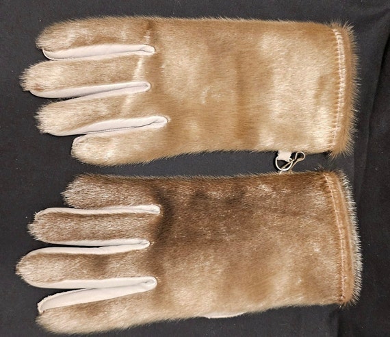 Vintage Seal Fur Tan Brown and Gray Leather Glove… - image 1