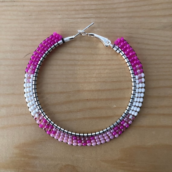 Pink Native Beaded Hoop Earrings