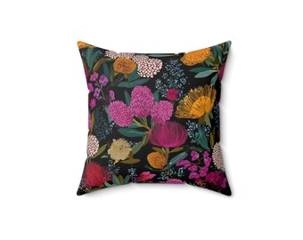 Donker bloemenpatroon gesponnen polyester vierkant kussen | Kleurrijke tuinbloemen