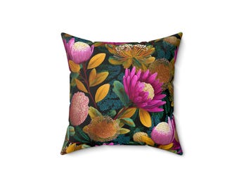 Roze Protea-kussen met bloemen | Vierkant polyester kussen, botanisch sierkussen
