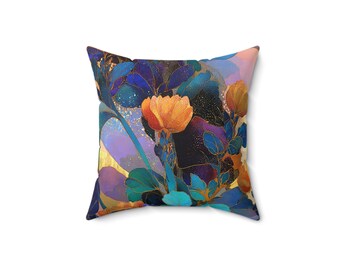 Kussen met gouden bloemenillustratie | Abstract blauw tuinsierkussen