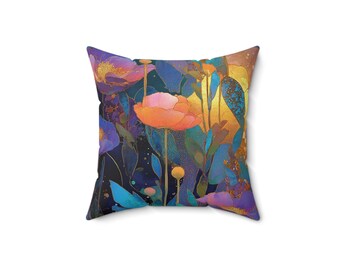 Kleurrijk abstract bloemenkussen | Vierkant sierkussen, botanische kunst