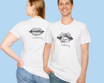 Talking - Listening 2 sided Lips graphic T-Shirt | Conversation art, minimalist lip sketch