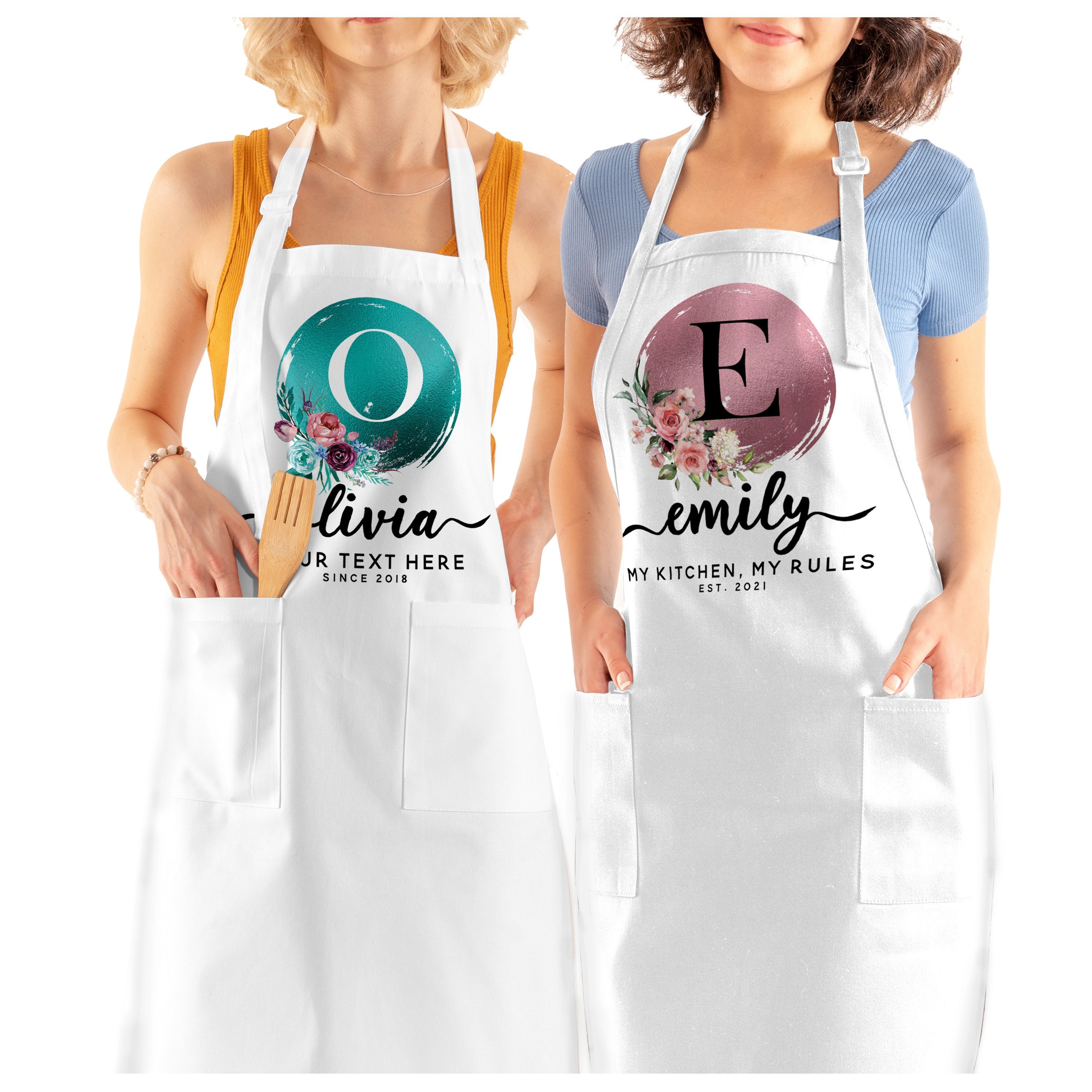 Personalized White Kitchen Apron Gifts for Women - 9 Cute Designs w/Name  Text - Custom Bbq Grilling Cooking Aprons for Chef w/Pocket - Customized