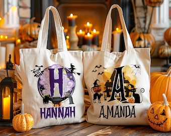 Personalized Halloween Tote Bag Customized Pumpkin Witch Black Cat Castle Skeleton Ghost Canvas Bag for Trick or Treat Goodie gift Bags