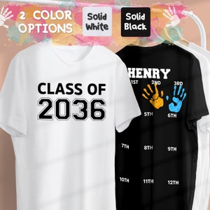 May include: Two t-shirts, one white and one black, with the text "CLASS OF 2036" on the front and "HENRY" with handprints on the back. The handprints are numbered 1st through 12th.