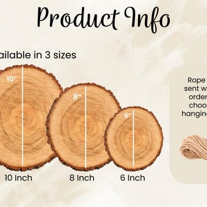 May include: Three wooden tree slices, 10, 8, and 6 inches in diameter, with visible growth rings and bark edges. The text "Product Info" and "Available in 3 sizes" are displayed. A coil of rope is also shown.