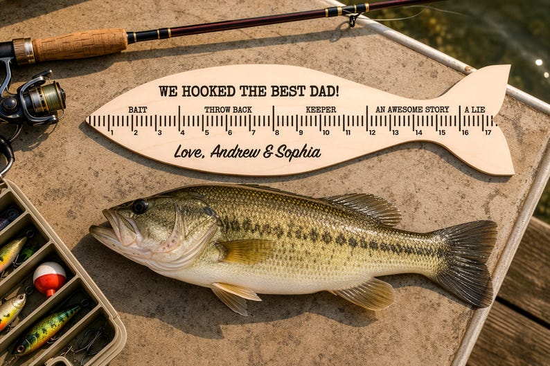 May include: A light-coloured wooden fish-shaped ruler with black text reading WE HOOKED THE BEST DAD! and Love, Andrew & Sophia. The ruler features a scale from 1 to 17 inches with labels including Bait, Throw Back, Keeper, An Awesome Story, and A Lie.