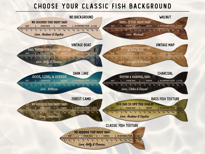 May include: A collection of nine fish-shaped wooden rulers, each featuring a unique background pattern including walnut, vintage boat, vintage map, dark lake, charcoal, forest camo, bass fish texture, and classic fish texture, with inch markings.
