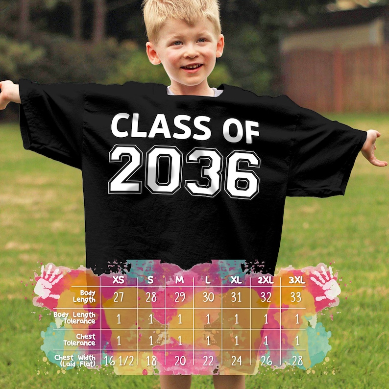 May include: Black t-shirt with white text that reads "CLASS OF 2036". A size chart is visible below the shirt, showing measurements in inches.