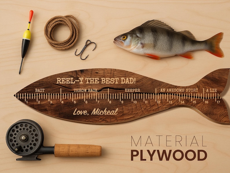 May include: A wooden fish-shaped ruler with a 17-inch scale, engraved with the text REEL-Y THE BEST DAD!, BAIT, THROW BACK, KEEPER, AN AWESOME STORY, A LIE, and Love, Micheal. Includes a fishing reel, a bobber, a coil of rope, a hook, and a fish.