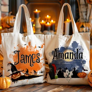Personalized Halloween Tote Bag Customized Pumpkin Witch Black Cat Castle Skeleton Ghost Canvas Tote Bag for Trick or Treat Goodie gift Bags