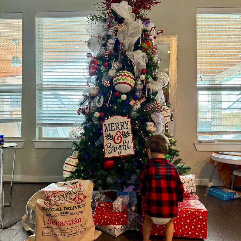 K&ouml;nnte beinhalten: Ein geschm&uuml;ckter Weihnachtsbaum mit Ornamenten, B&auml;ndern und einem "Merry & Bright" Schild. Geschenke, verpackt in rotem und wei&szlig;em Papier, liegen darunter. Ein Sack mit der Aufschrift "Pole Express" steht daneben. Ein Kind in einem rot-schwarz karierten Hemd steht davor.