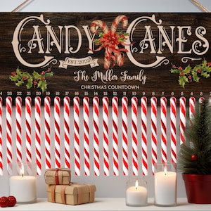 Christmas Countdown Candy Cane Holder, Personalized Christmas Family Name Sign, Christmas Home Decoration, Christmas Advent Calendar Wood