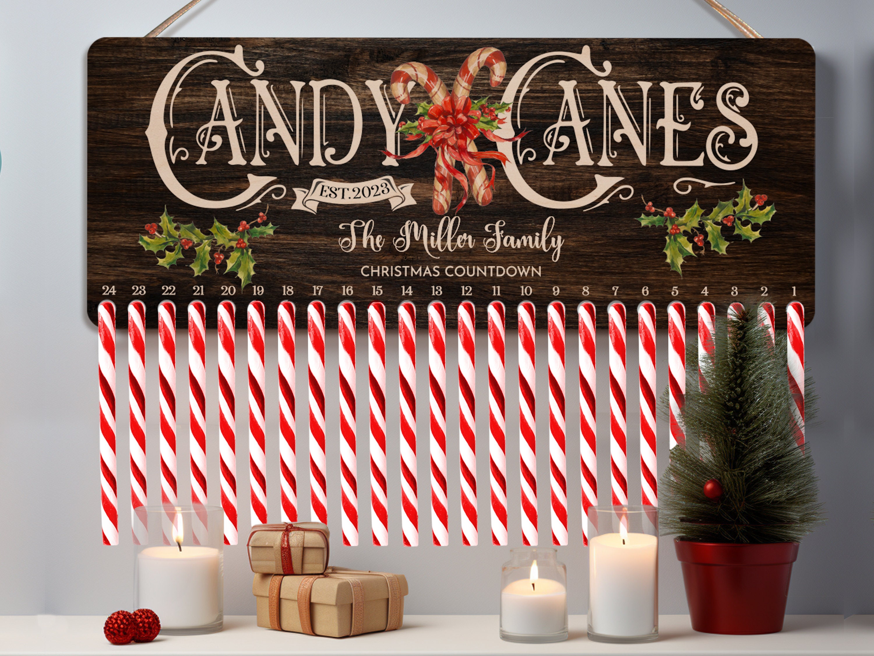 Christmas Countdown Candy Cane Holder, Personalized Christmas Family Name Sign, Christmas Home Decoration, Christmas Advent Calendar Wood