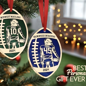 May include: Two personalised football baubles featuring a player in a green and blue uniform. The baubles are gold with a white outline and include the team name, player name, and number. The baubles also feature the year 2024.