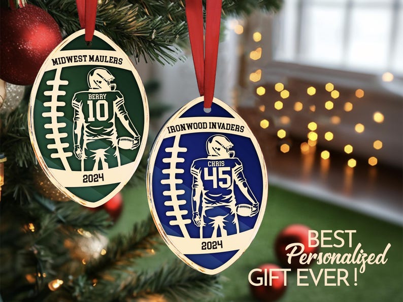 May include: Two personalised football baubles featuring a player in a green and blue uniform. The baubles are gold with a white outline and include the team name, player name, and number. The baubles also feature the year 2024.