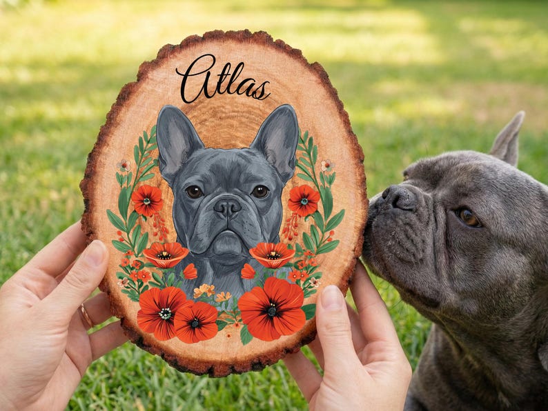 May include: A wooden slice featuring a portrait of a gray French Bulldog named Atlas, surrounded by red poppy flowers and green leaves. The dog's portrait is centered on the wood, with the name Atlas written in elegant script above.