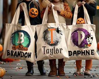 Personalized Halloween Tote Bag, Customized Pumpkin Witch Black Cat Castle Skeleton Ghost Canvas Tote Bag for Trick or Treat Goodie Gift Bag