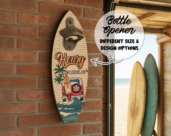Personalized Surfboard Bottle Opener, Custom Beach Decor Wood Sign
