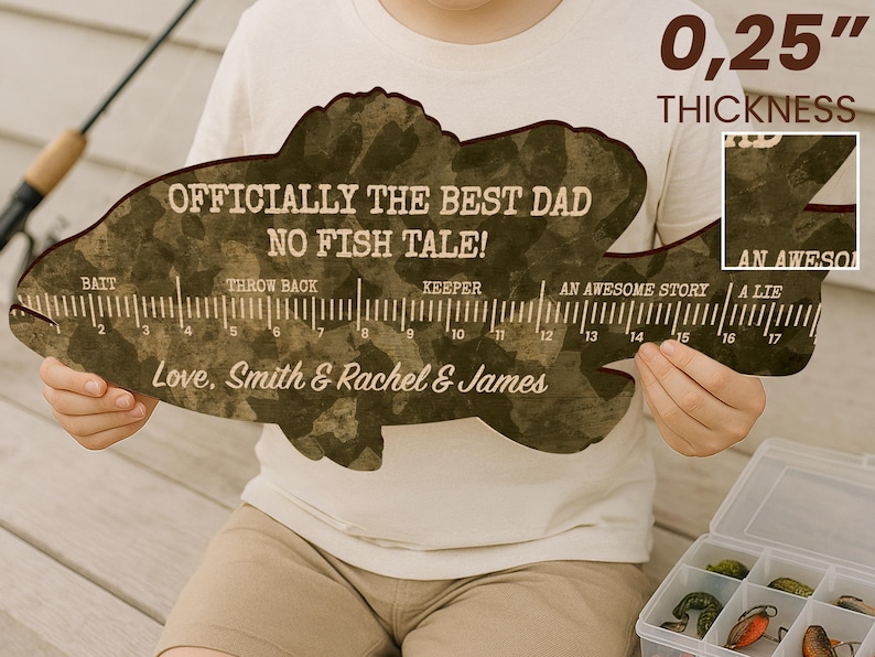 May include: A fish-shaped wooden ruler with a camouflage pattern, measuring 0.64 cm in thickness. It features the text "OFFICIALLY THE BEST DAD NO FISH TALE!" and "Love, Smith & Rachel & James," along with markings for bait, throw back, keeper, and stories.