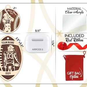 May include: Two wooden ornaments featuring a baseball player and a football player. Both ornaments are personalised with a team name, player name, and number. The ornaments are 3 inches and 3.5 inches by 5.5 inches. The ornaments are included with a red ribbon and a gift bag option.