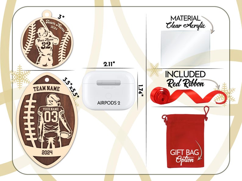 May include: Two wooden ornaments featuring a baseball player and a football player. Both ornaments are personalised with a team name, player name, and number. The ornaments are 3 inches and 3.5 inches by 5.5 inches. The ornaments are included with a red ribbon and a gift bag option.