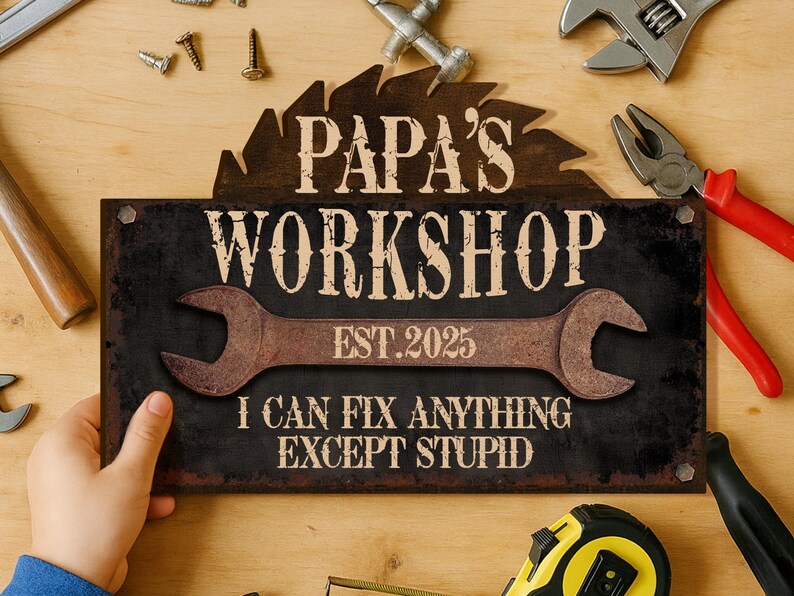 Personalized Workshop Sign for Fathers Day Gift for Dad, Grandkids Name ...