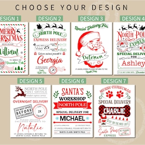 K&ouml;nnte beinhalten: Eine Auswahl von sieben Designs zum Thema Weihnachten. Jedes Design zeigt festlichen Text und Grafiken, darunter der Weihnachtsmann, Rentiere und Weihnachtsgr&uuml;&szlig;e. Die Designs sind in Rot, Gr&uuml;n und Wei&szlig; gehalten und mit personalisierten Namen versehen.