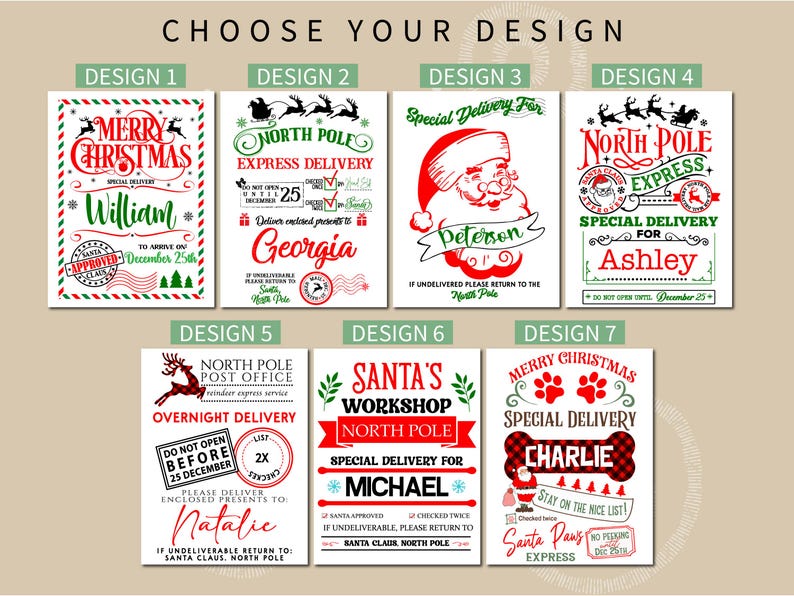 K&ouml;nnte beinhalten: Eine Auswahl von sieben Designs zum Thema Weihnachten. Jedes Design zeigt festlichen Text und Grafiken, darunter der Weihnachtsmann, Rentiere und Weihnachtsgr&uuml;&szlig;e. Die Designs sind in Rot, Gr&uuml;n und Wei&szlig; gehalten und mit personalisierten Namen versehen.