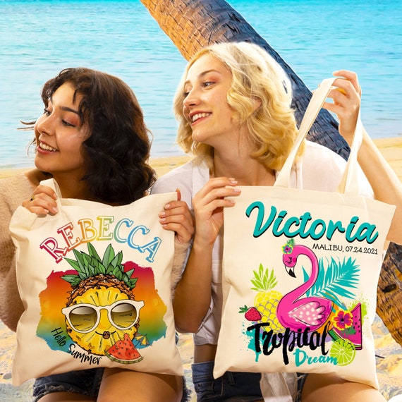 Personalized Canvas Tote Bags for Women w/Name & Text 9 Design - Customized  Beach Totes Bag Girl Gift - Custom Summer Accessories Vacation Travel