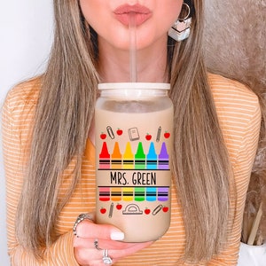 Personalized Iced Coffee Cup for Teacher Appreciation Day Gift for Teacher, Custom Glass Coffee Cup with Lid and Straw, Funny Teacher Gifts