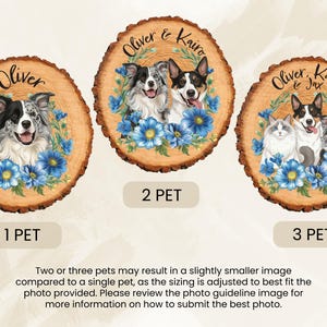 May include: Wooden pet portrait ornaments featuring watercolor illustrations of dogs and cats. Each ornament is a wood slice with a pet's name and floral accents. Options include portraits of one, two, or three pets, with text labels indicating the number of pets.