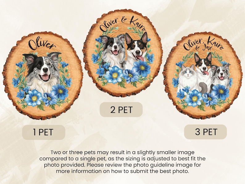 May include: Wooden pet portrait ornaments featuring watercolor illustrations of dogs and cats. Each ornament is a wood slice with a pet's name and floral accents. Options include portraits of one, two, or three pets, with text labels indicating the number of pets.