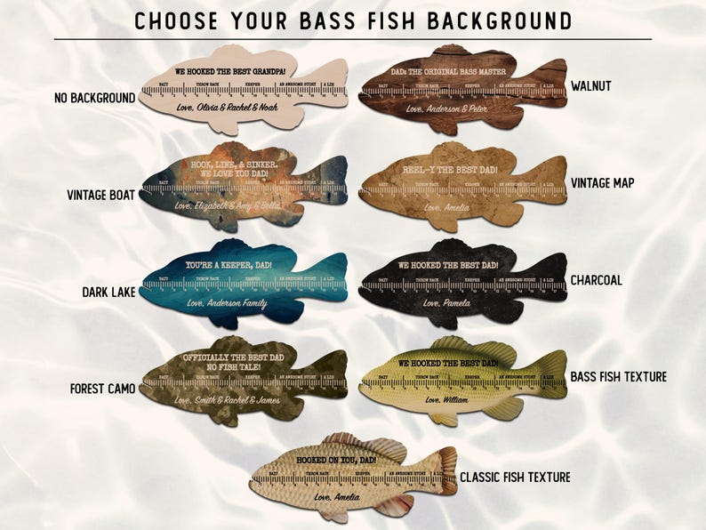May include: A collection of nine fish-shaped wooden plaques with various background textures including walnut, vintage map, dark lake, charcoal, forest camo, and bass fish patterns. Each plaque features a ruler scale and personalised text.