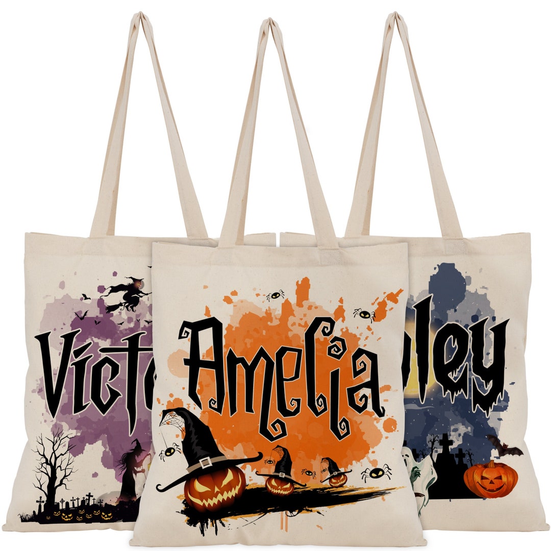 People People Personalized Halloween Tote Bags w/Name for Girls Boys -  Custom Candy Trick or Treating - Customized Kids Party Favors - Canvas  Goodie
