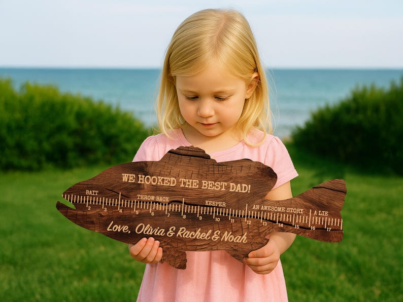 May include: A dark brown wooden fish-shaped plaque featuring a ruler from 1 to 17 inches. The text reads: WE HOOKED THE BEST DAD! BAIT, THROW BACK, KEEPER, AN AWESOME STORY, A LIE, and Love, Olivia & Rachel & Noah engraved on the surface.